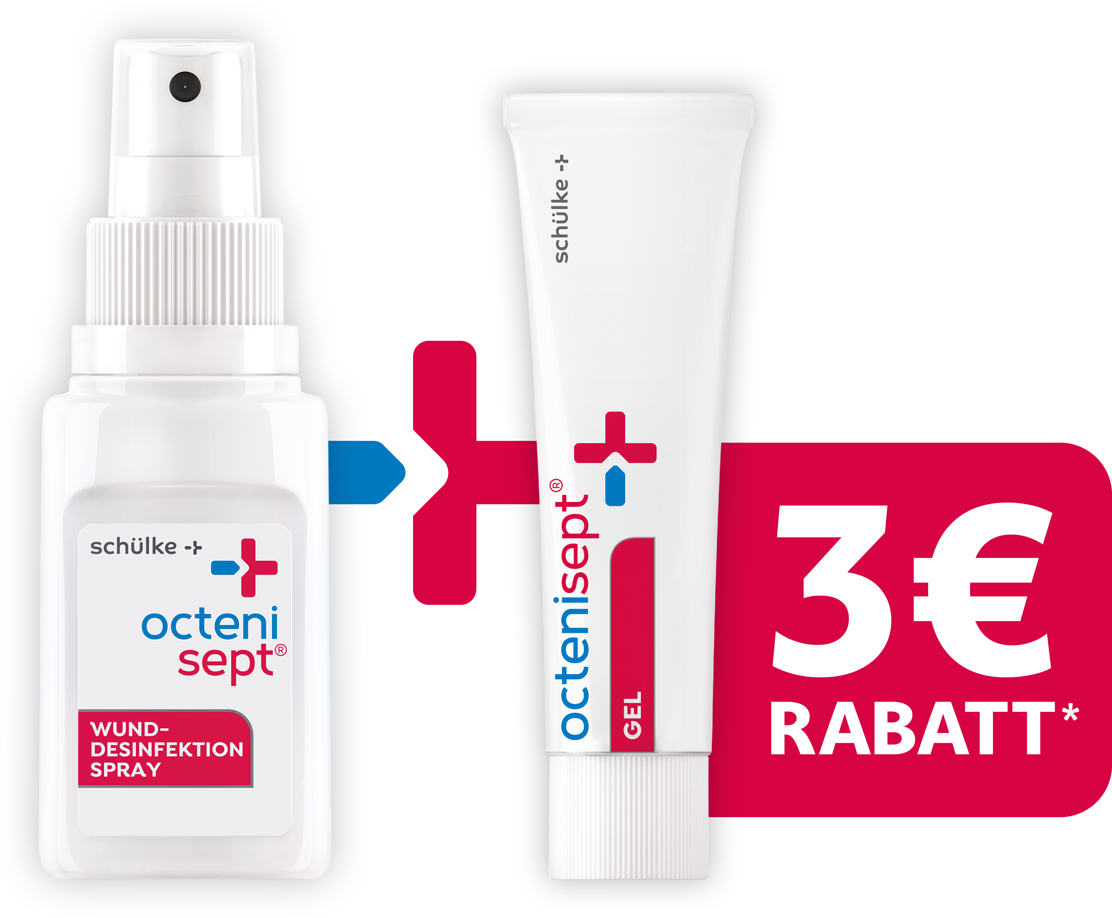 SCHK_octenisept_Kampagne-2026_Wundversorgung_Schritte_Quer+Promo Sprühflasche und Verpackung von octenisept® Wund-Desinfektion Spray.