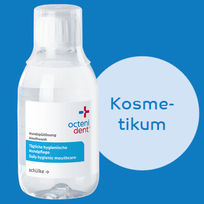 Flasche der hygienischen octenident® Mundspüllösung mit dem Schriftzug 'Kosmetikum' im Hintergrund.