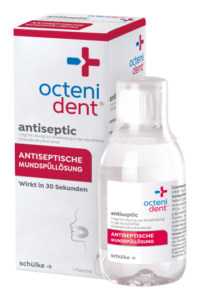 Flasche und Verpackung von octenident® antiseptic Mundspüllösung zur Behandlung bei Mundsoor.