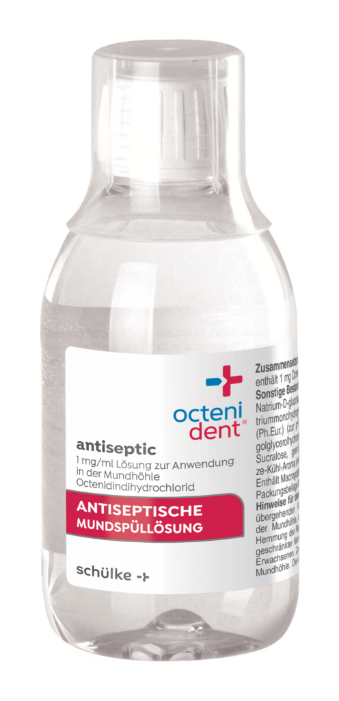 Verpackung und Flasche der octenident® antiseptischen Mundspüllösung zur Mundhygiene.