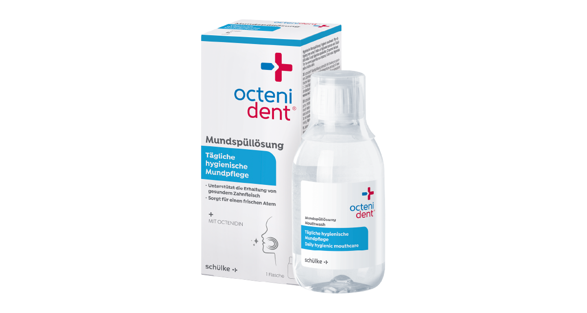 Produktbild: Verpackung und Flasche der octenident® Mundspüllösung für hygienische Mundpflege
